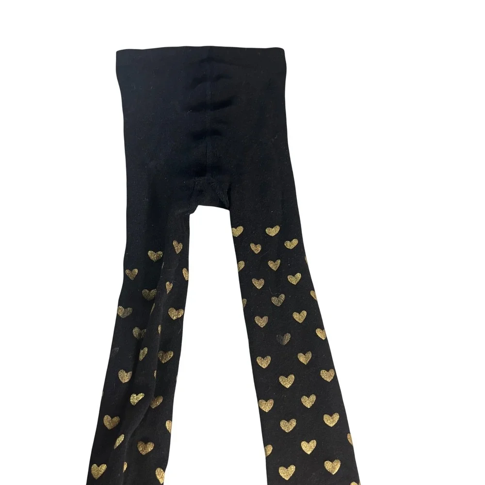 Kids Footed Tights Girls L 12-16 Black Gold Hearts Foil Footed‎ Sparkle Dance